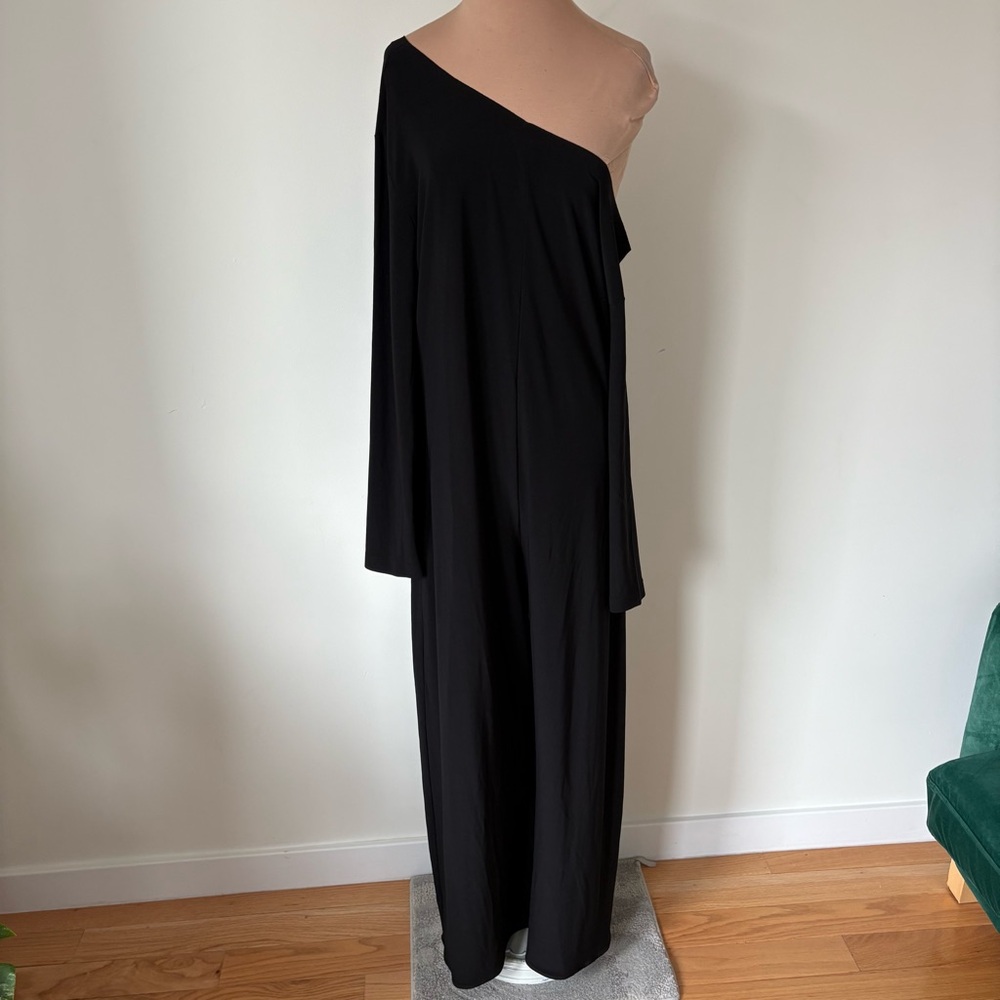 NORMA KAMALI Long Sleeve Drop Shoulder Black Slinky Jersey Jumpsuit EUC Size L - Picture 2 of 11
